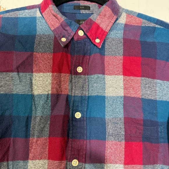 J. Crew Brushed Twill Plaid Flannel Shirt Button Down Red Blue Sz Large Slim Fit - Picture 5 of 8